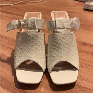 White chunky heel snake skin mule sandals